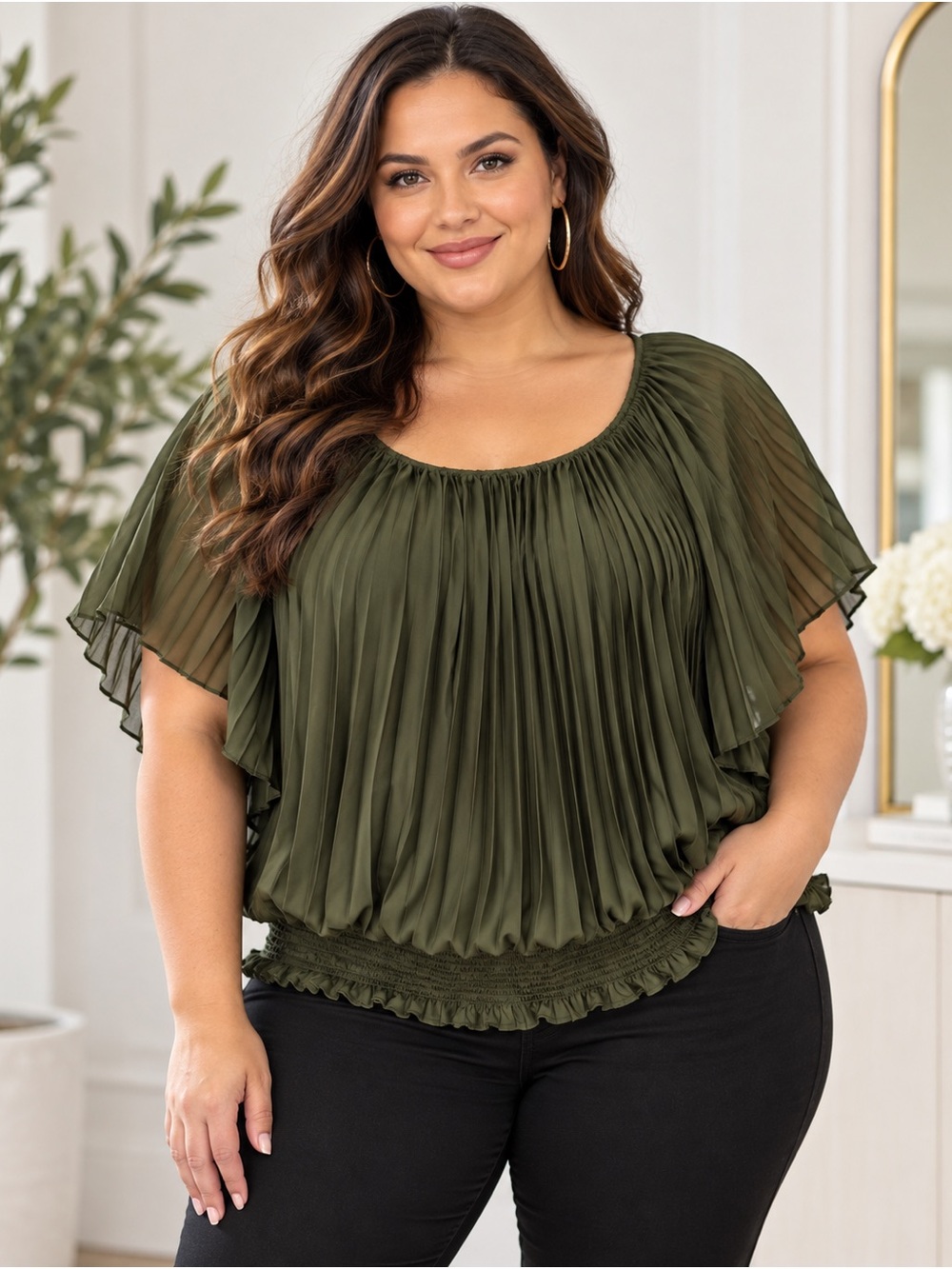 Ashley Stewart 18/20 Olive Pleated Flutter Sleeve Blouse NWT